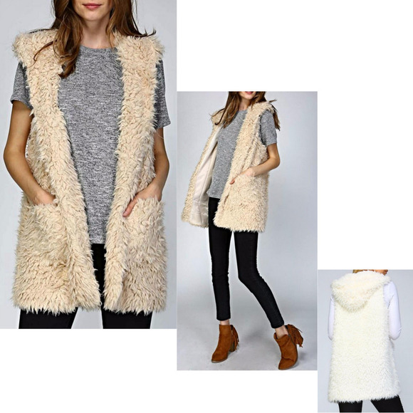 Listicle Hooded Pocketed Faux Fur Vest Sz M - Picture 1 of 10
